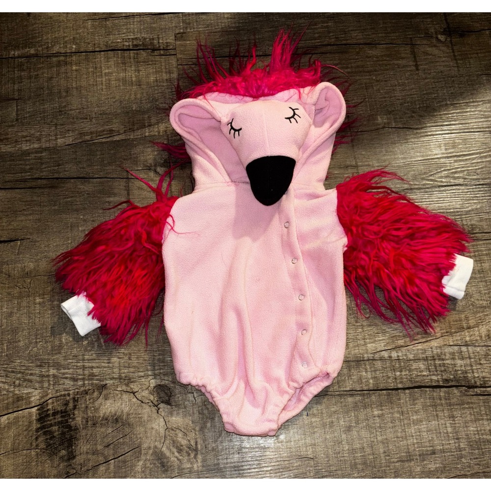 Pink Flamingo Baby Costume Fleece Romper with Faux Fur Hood and Sleeves Size 70